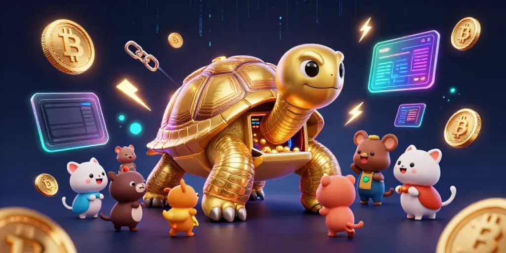 Engaging gameplay at manclub featuring a golden tortoise pinball machine surrounded by crypto coins.