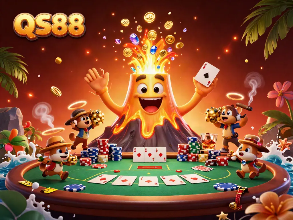 Experience the thrill of QS88 with our vibrant casino illustration featuring a golden volcano and poker elements.