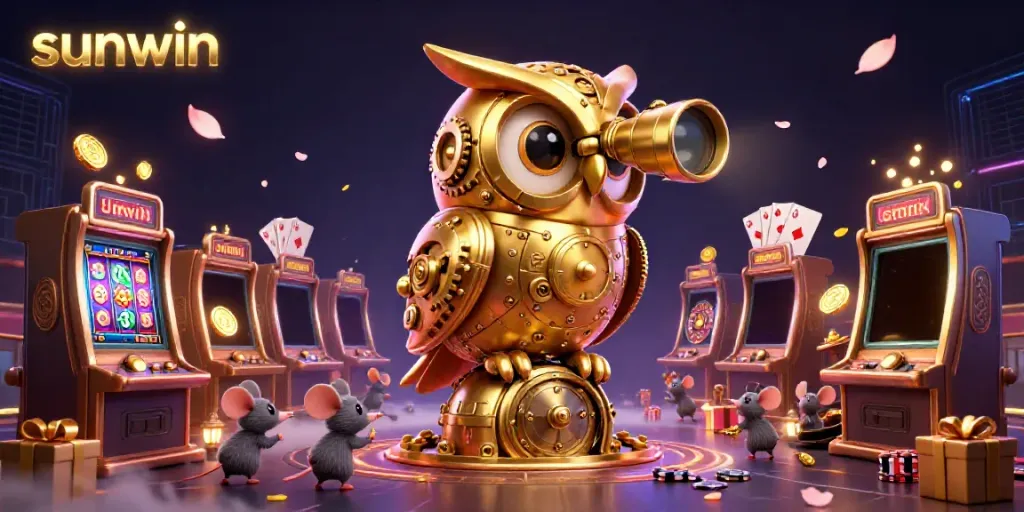 Engage with the vibrant world of sunwin, showcasing a clockwork owl, slot games, and a rich casino atmosphere.