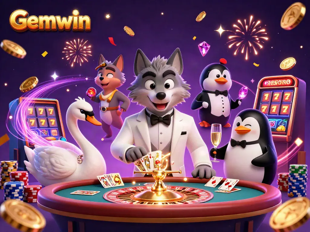 Gemwin showcases a vibrant casino scene with a debonair wolf and elegant characters gambling at a baccarat table.