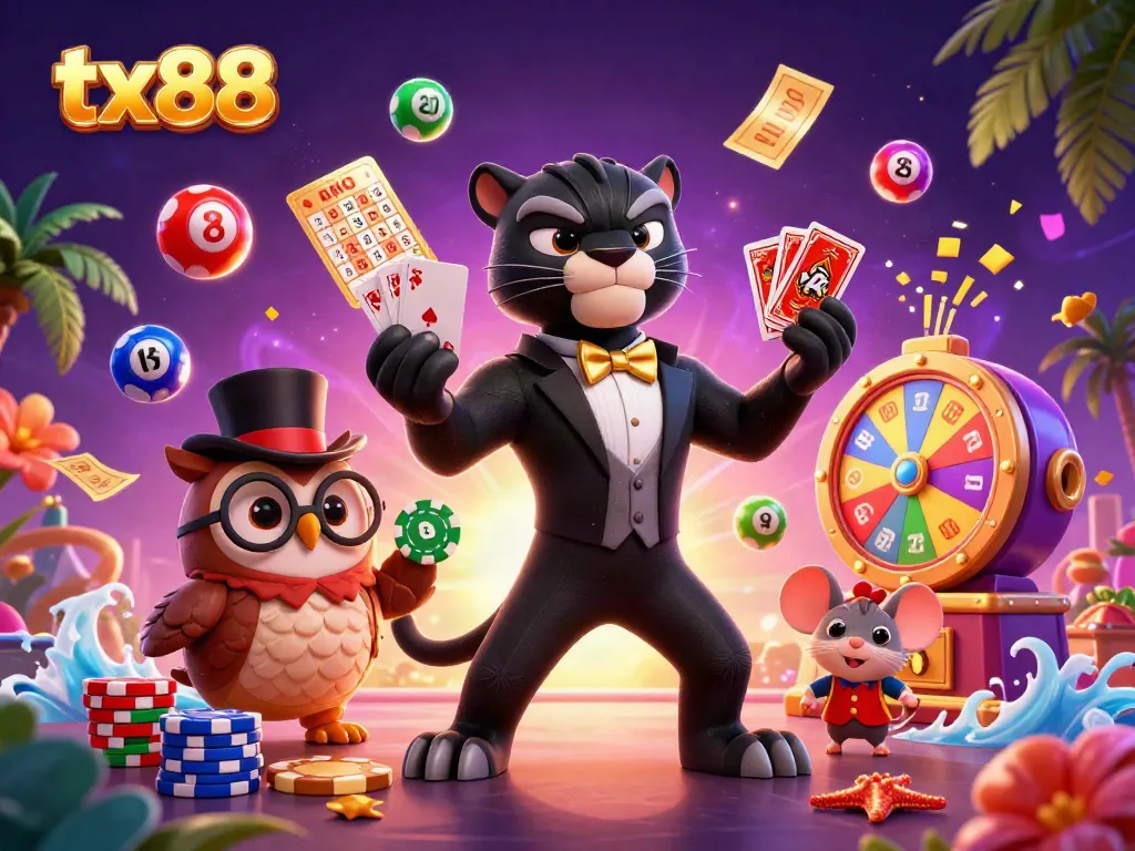 Experience the thrilling world of tx88 with vibrant lottery actions and engaging characters in a lively casino setting.