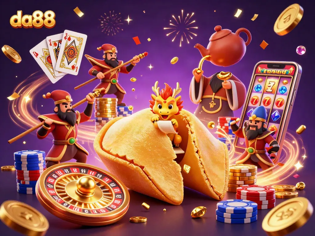 Experience winning strategies with da88's vibrant casino illustration filled with gaming elements.