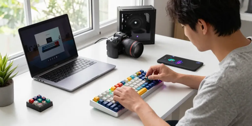 Assembling the Wooting 60HE v2 module into a custom keyboard setup with vibrant switches and keycaps.