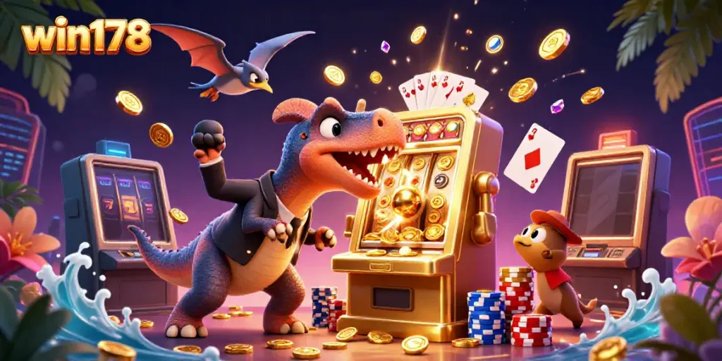 Experience the thrill at win178 with a cartoon pachycephalosaurus hitting a jackpot, bringing in cascading coins.