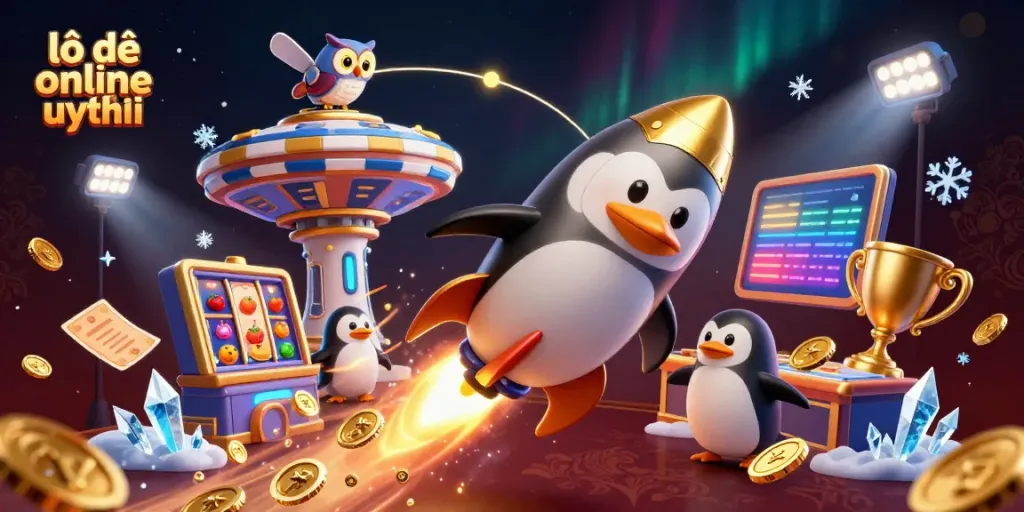 Experience thrilling lô đề online uy tín with a dynamic casino-themed illustration showcasing a golden penguin and vibrant game elements.