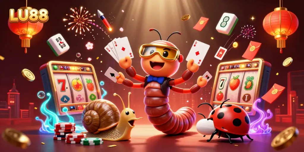 LU88 reveals vibrant 3D casino scene with characters and dynamic slot elements, showcasing winning excitement.