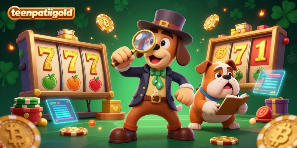 Engage with the exhilarating world of teenpatiigold as a detective bloodhound uncovers poker chip clues surrounded by vibrant slot elements.