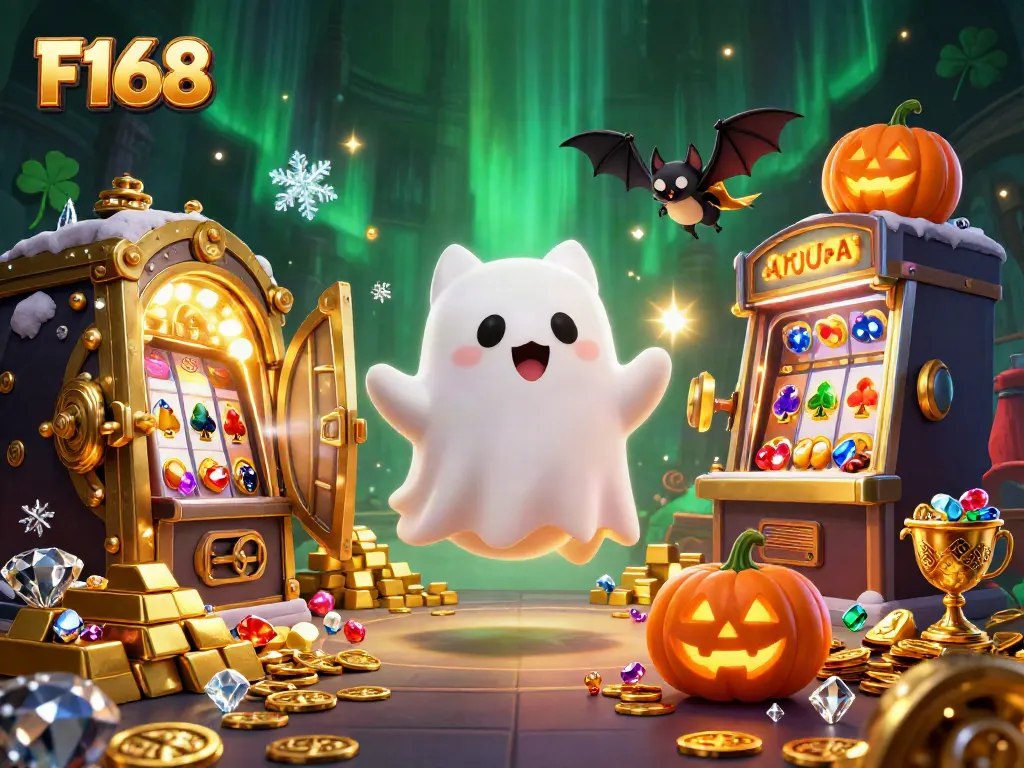 F168 showcases an engaging casino scene with a ghost cat and vibrant visuals delivering exciting gaming action.