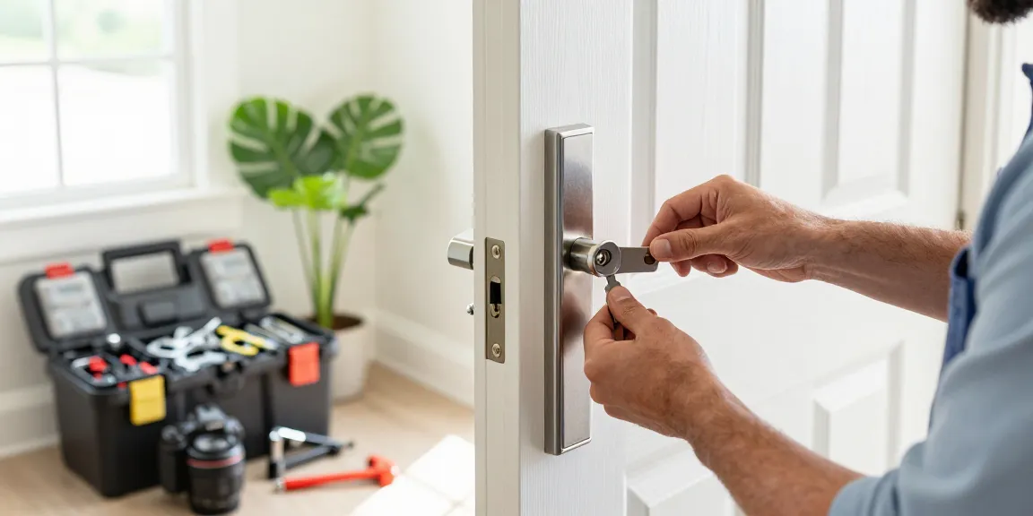 Lock Rekey Raleigh expert rekeying a modern door lock in inviting entryway.