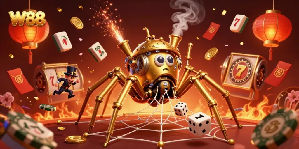 Engaging scene depicting W88's vibrant gaming atmosphere with steampunk spider and lucky gaming elements.