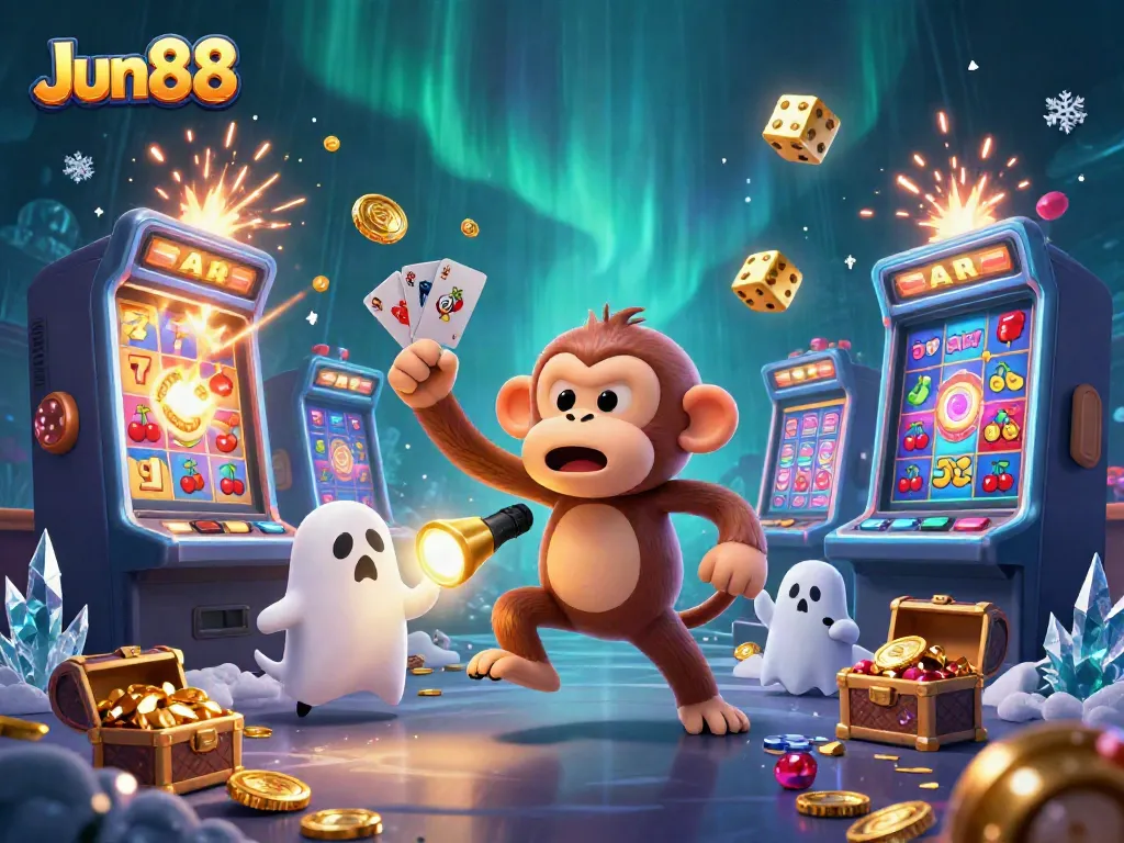 Experience the excitement at Jun88 with a playful poltergeist monkey and curious puppy in a vibrant casino.