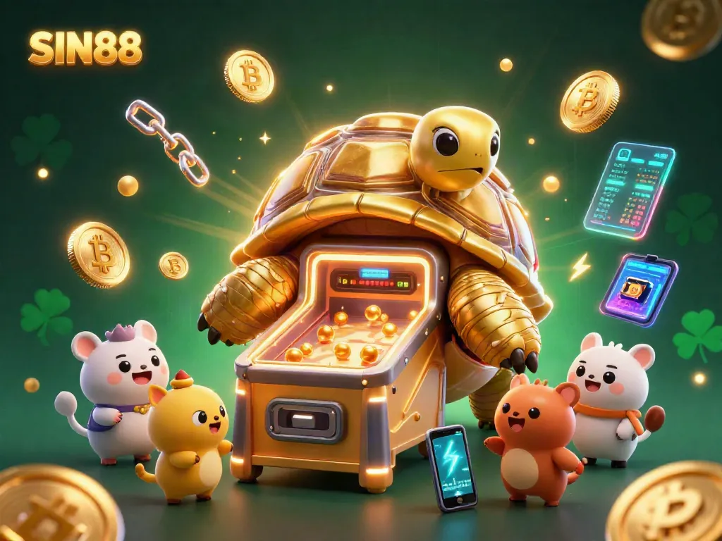 Engage with SIN88's exciting gaming scene featuring a colossal tortoise pinball machine, surrounded by vibrant cryptocurrency elements.