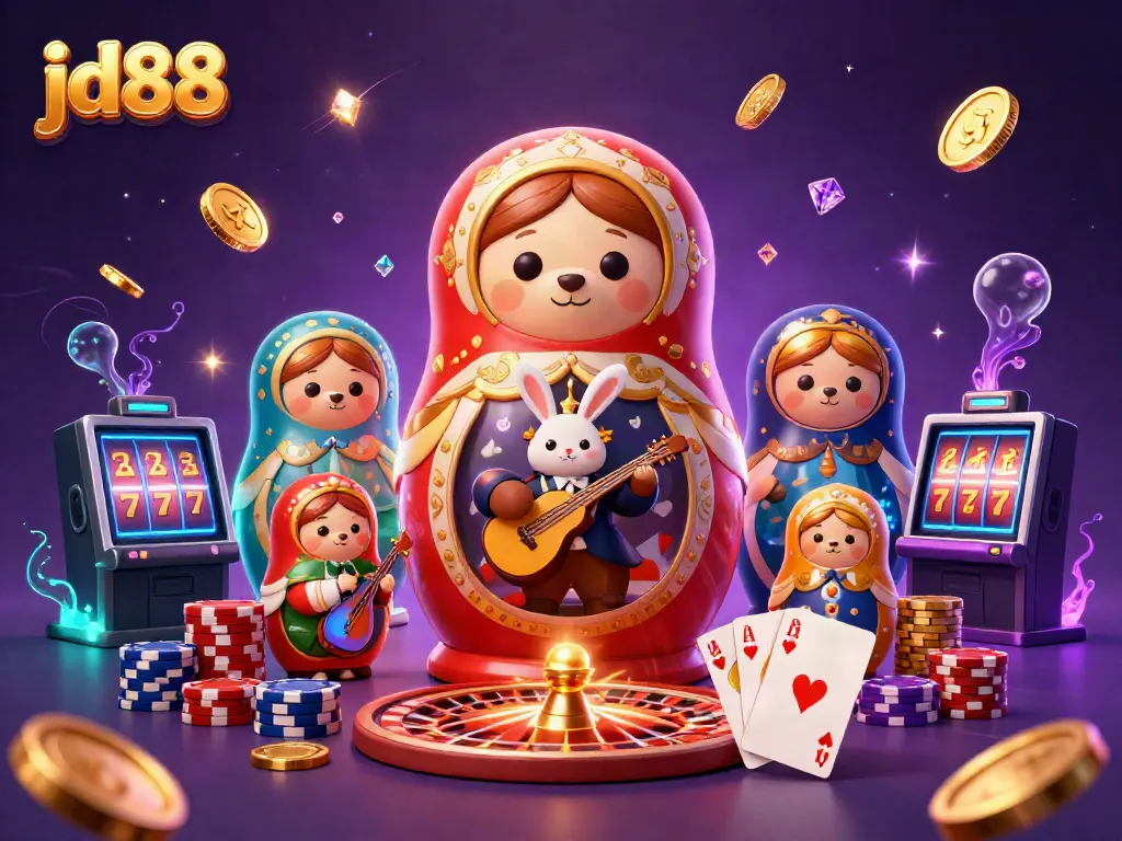 Experience the thrill of JD88 with a vibrant casino scene featuring festive characters.