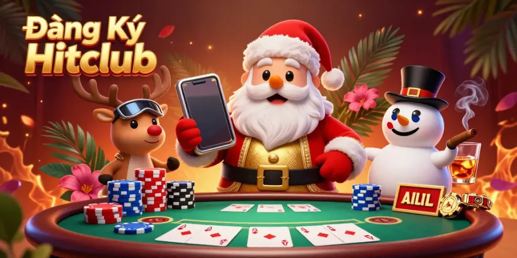 Experience the excitement with Đăng Ký Hitclub in this festive casino scene featuring a jolly Santa and game elements.