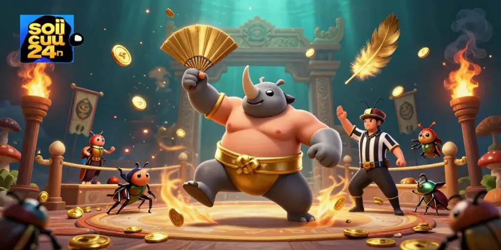 Experience the thrilling action of soi cầu 24h with a sumo beetle champion amidst dazzling gold coins and vibrant elements.