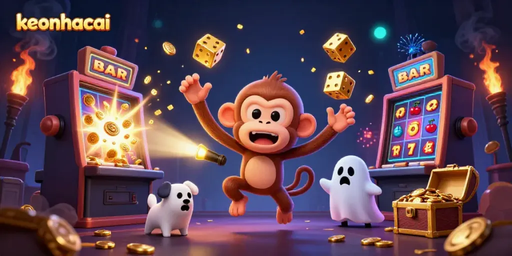 Engaging scene with keonhacai showcasing gambling excitement with a mischievous monkey and ghost-hunter puppy.