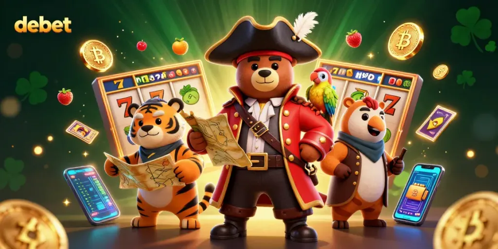 Experience the thrill of debet gaming with a vibrant, rich casino scene featuring cartoon characters and slot elements.