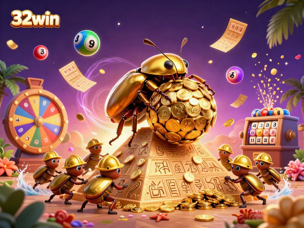 Engage with 32win's thrilling casino experience featuring a golden beetle and dynamic lottery elements.