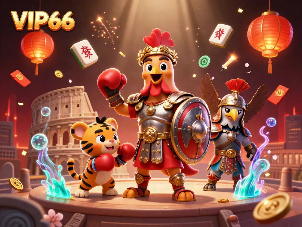 Experience thrilling action at VIP66 with a dynamic scene of a gladiator rooster, a tiger cub, and an eagle in a casino.