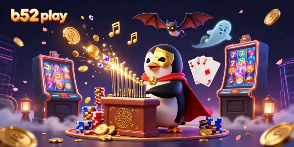 Engage in b52 play with a vibrant 3D casino scene showcasing a penguin playing a pipe organ amidst golden coins and lively elements.