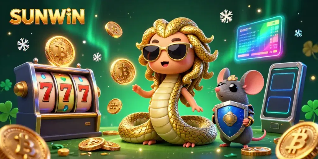 Engage with SUNWIN in this vibrant casino scene filled with lucky symbols and crypto coins.