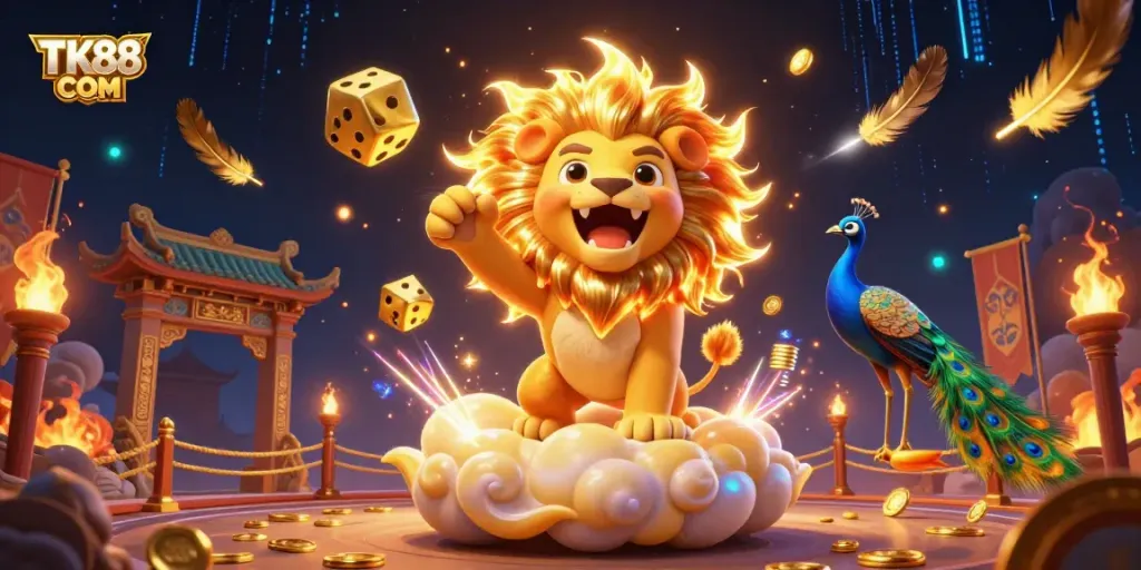 Experience thrilling wins with TK88 COM in a vibrant 3D casino illustration featuring a roaring lion and golden dice.