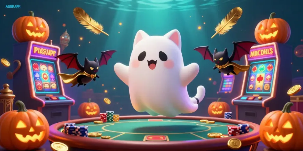 Experience thrilling moments with the AU88 APP in a vibrant casino scene featuring games and ghostly charm.