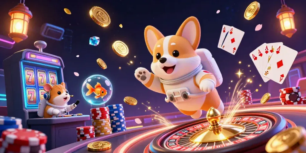 Experience excitement at vicclub casino with a floating astronaut corgi, vibrant chips, and games!