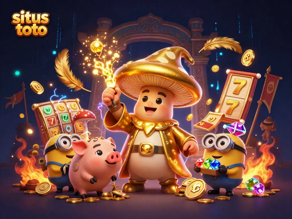 Ilustrasi 3D situs toto dengan karakter kartun, slot, dan efek sihir mengubah segalanya menjadi emas.