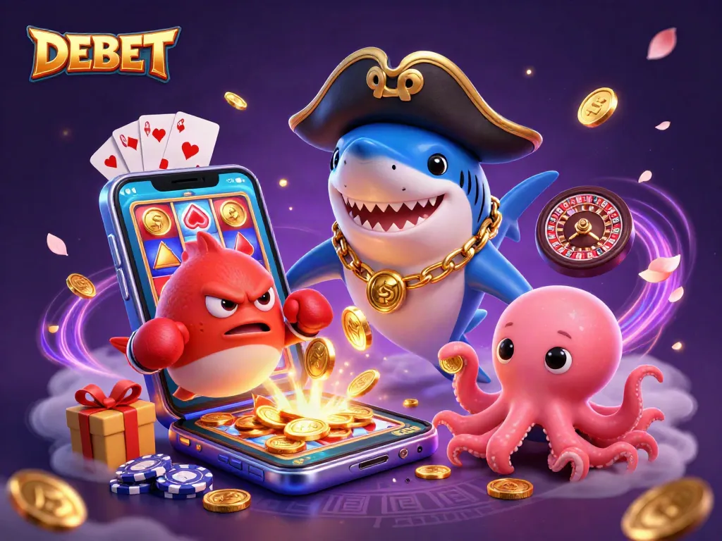 Play exciting casino games with DEBET, featuring a pirate shark, pufferfish, and octopus in vibrant 3D.