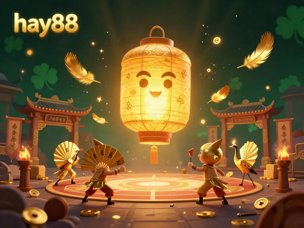 Experience the excitement of hay88 with vibrant gaming action, featuring golden lanterns and symbolic elements.