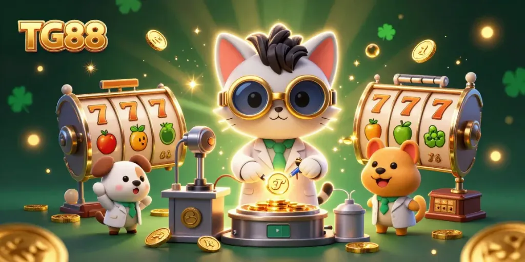 Engage with TG88's thrilling casino games, featuring vibrant characters and slot machine excitement.