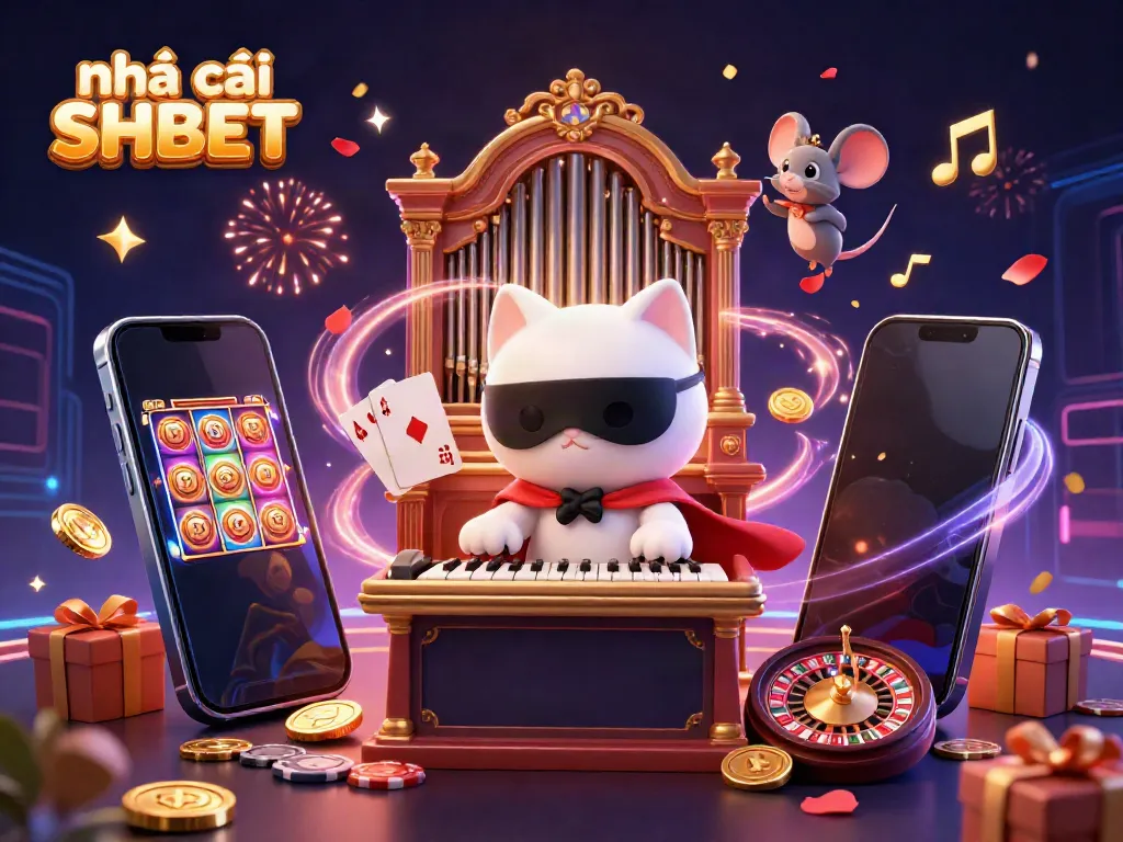 Engage in thrilling gameplay at Nhà cái SHBET with a lively casino scene featuring a 3D cat playing organ, acrobats, and dynamic game elements.