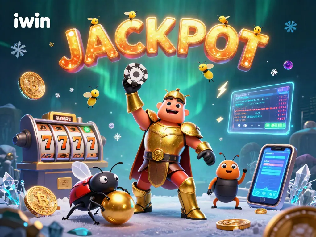 Win with iwin in this vibrant 3D illustration featuring a heroic beetle, jackpots, and crypto elements.
