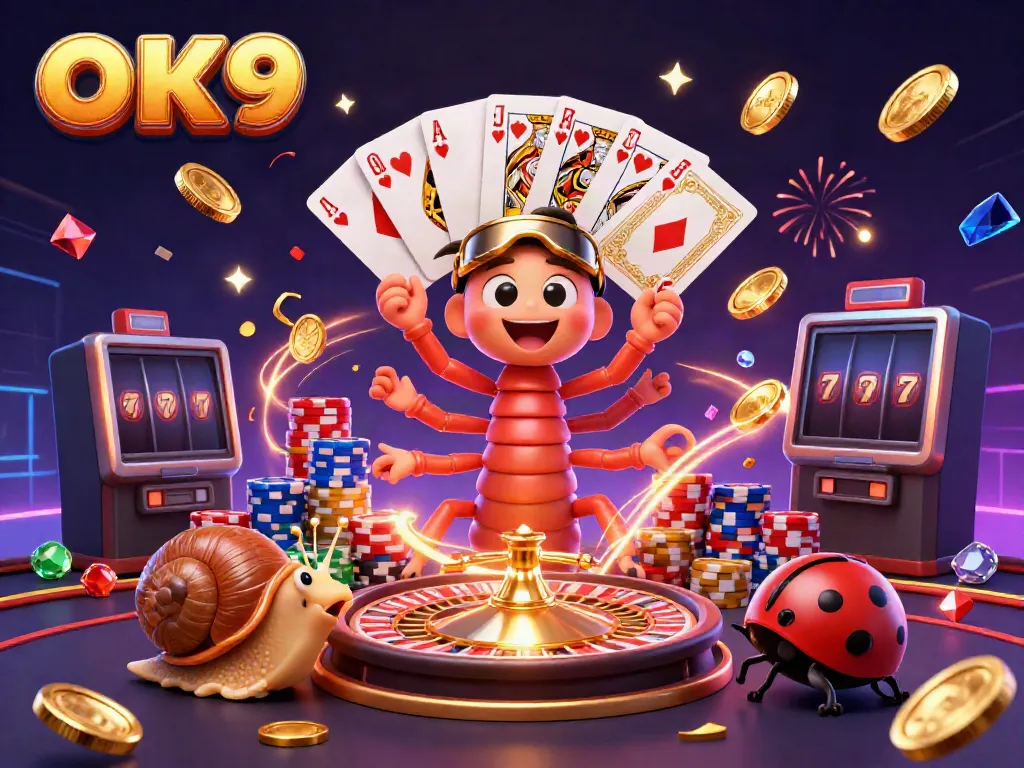 Experience the thrilling world of OK9 where a millipede dealer captivates with dazzling playing cards in a vibrant casino scene.