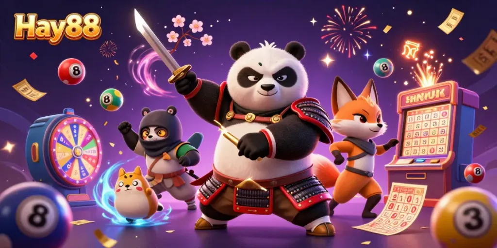 Experience thrills at Hay88 with a samurai panda and ninja fox amidst vibrant gambling elements.