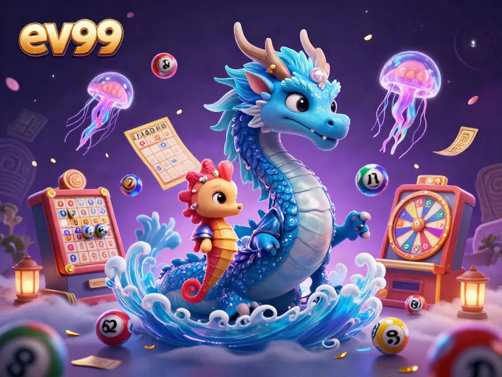 Experience thrilling games with ev99 in this vibrant 3D casino scene full of dynamic lottery elements.