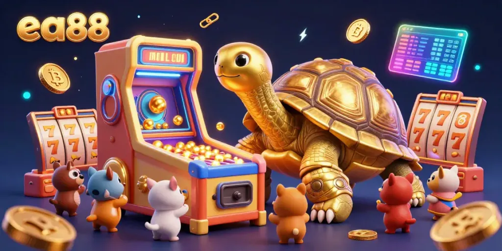 Spin the reels of excitement with ea88's animated golden tortoise casino illustration.