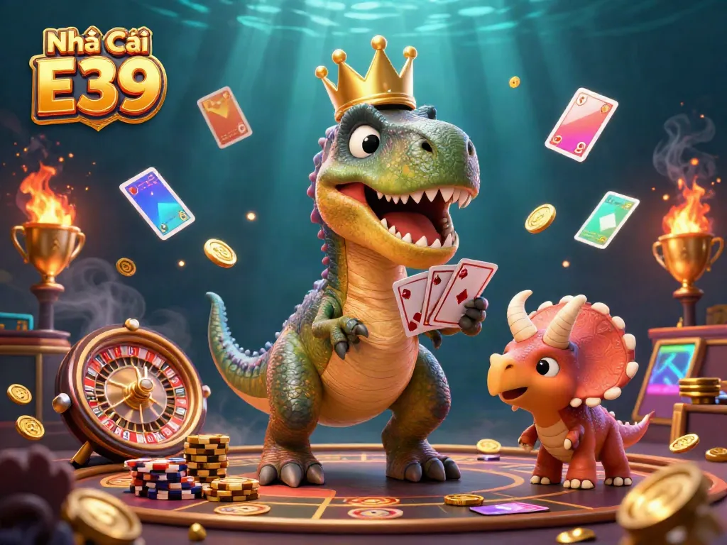 Experience the thrill of Nhà Cái E39's live casino with a friendly T-Rex card dealer and vibrant gold coins.