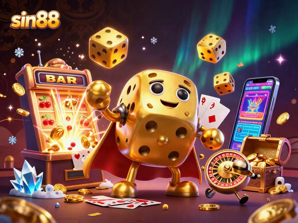 Experience thrilling wins with sin88 in this vibrant casino adventure showcasing golden dice and jackpots.