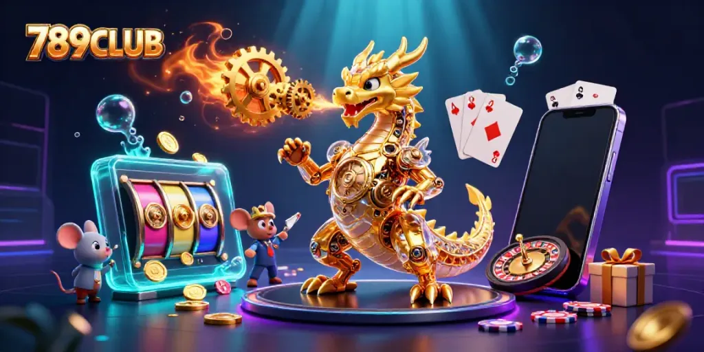 Experience the thrill of 789CLUB with a golden dragon and exciting slot games in a vibrant 3D scene.