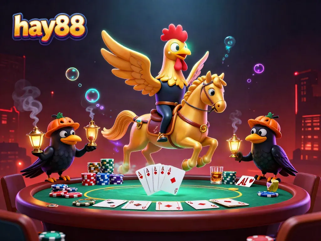 Experience the vibrant casino atmosphere with hay88 as a golden rooster rides a spectral horse under glowing lanterns.