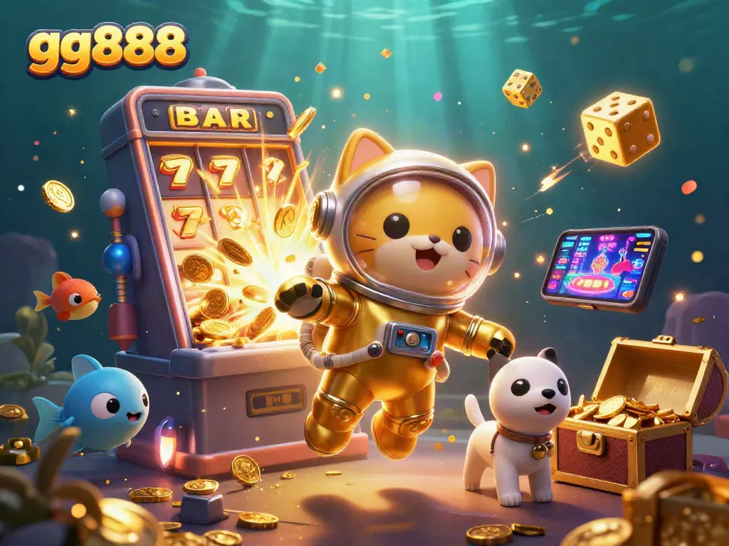 Win big at gg888 with a vibrant 3D illustration of a cat astronaut and energetic casino elements.