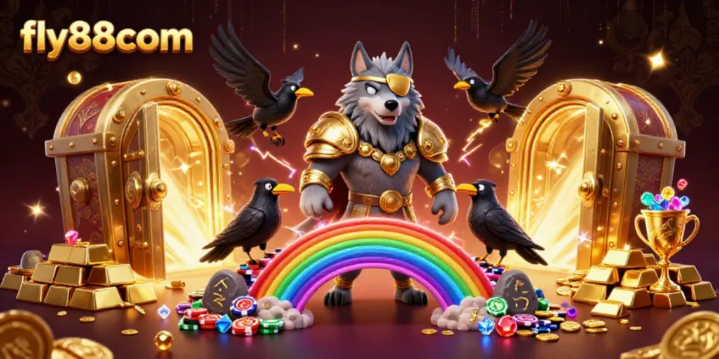 Engage in thrilling gameplay at fly88com while encountering Odin and his ravens amidst treasures.
