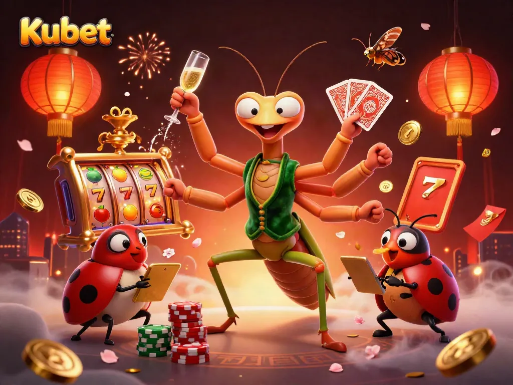 Kubet casino scene showcasing a giant praying mantis card sharp dealing cards and a ladybug pit boss, creating a vibrant gambling atmosphere.