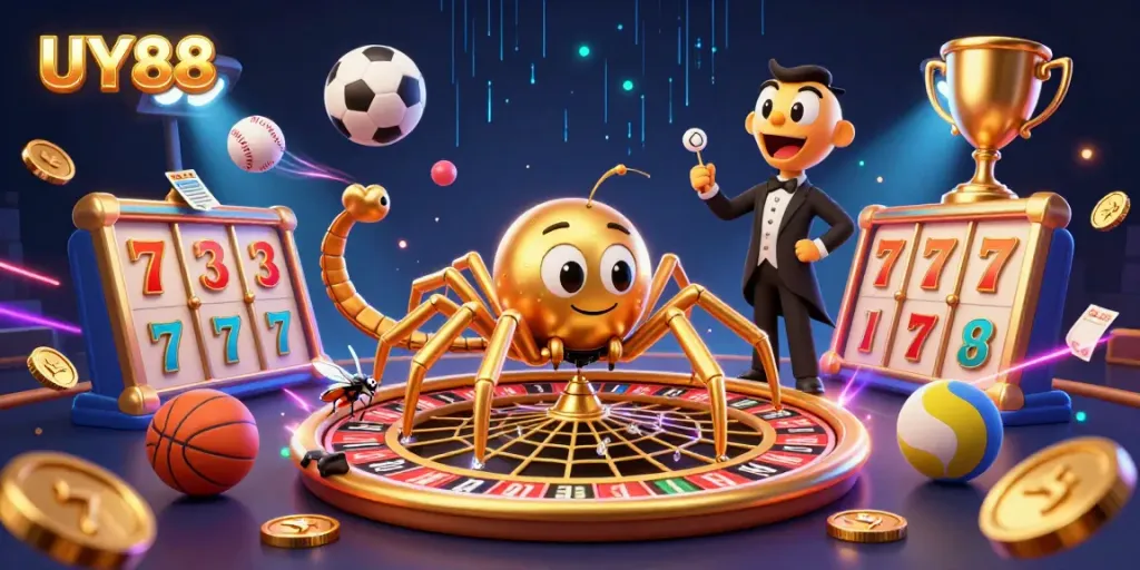Experience thrilling bets at UY88 with a dynamic casino scene featuring a roulette wheel and vibrant game elements.