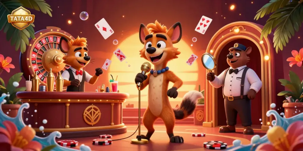Enjoy lively performances at TATA4D's cartoon casino with hyenas as entertainers and a vibrant atmosphere.