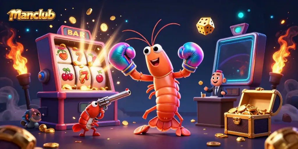 Experience thrilling jackpots at manclub with vibrant symbols, coins, and lively characters in a dynamic casino scene.