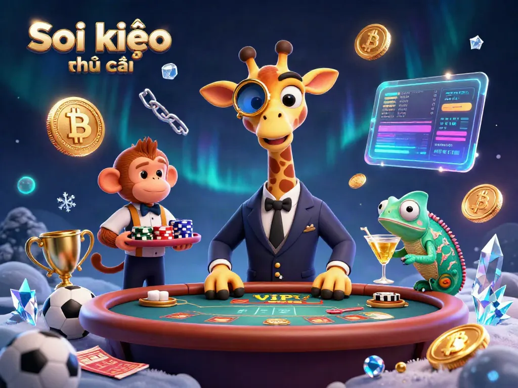 Experience thrilling gameplay with Soi kèo nhà cái, where a high-roller giraffe, monkey valet, and chameleon bartender interact among vivid casino elements.