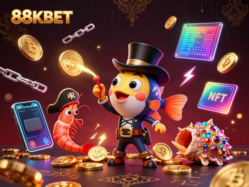 88KBET presents an exciting scene with cartoon characters attracting coins in a vibrant casino environment.